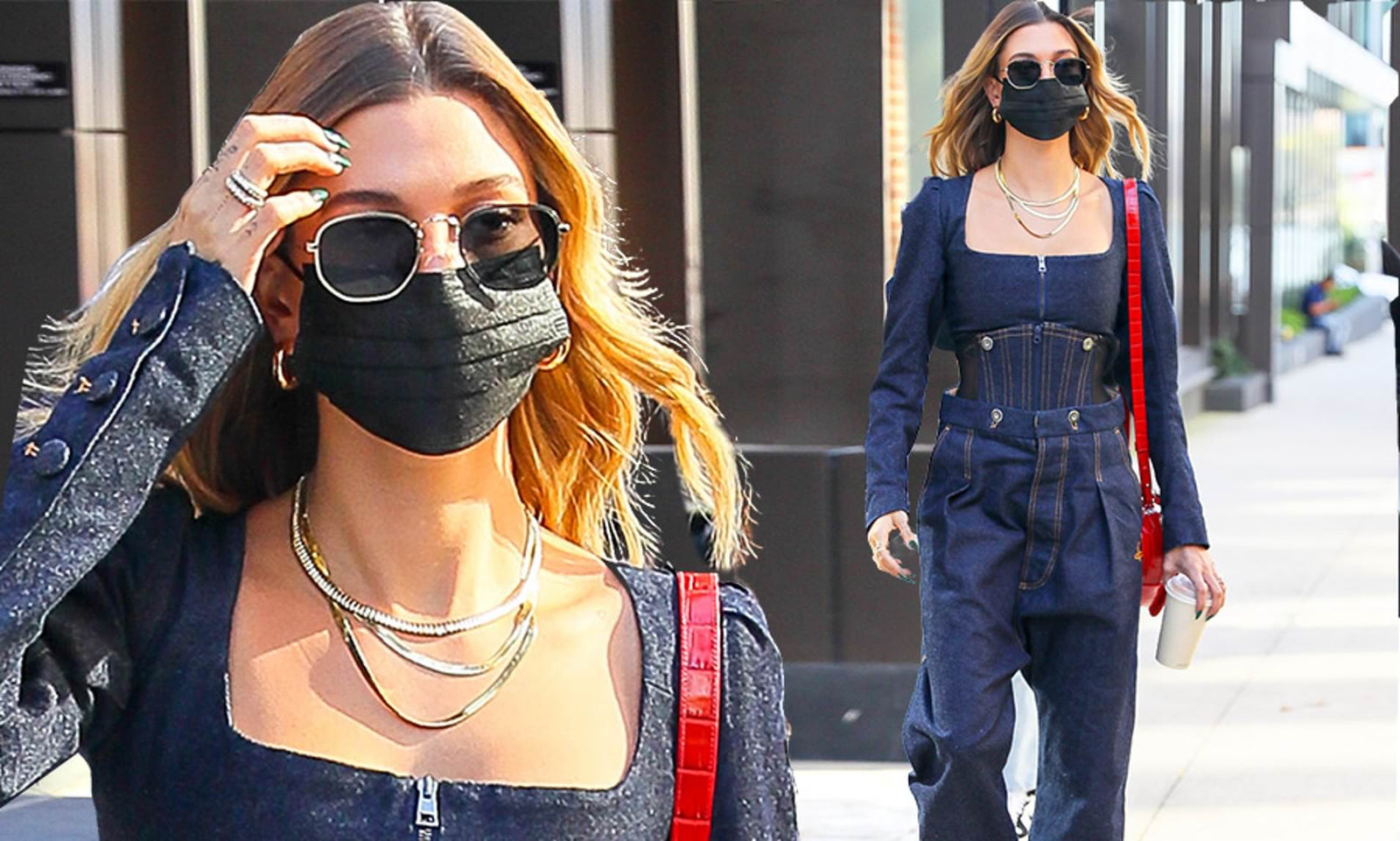 Hailey Bieber street fashion in black face mask