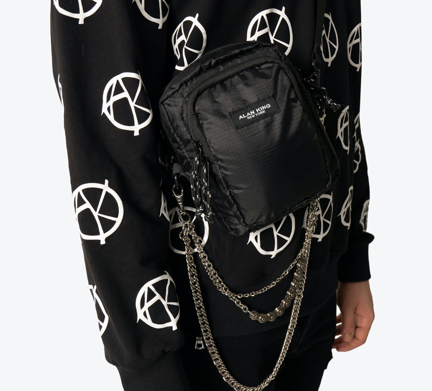 Nylon crossbody bag with silver pant chain