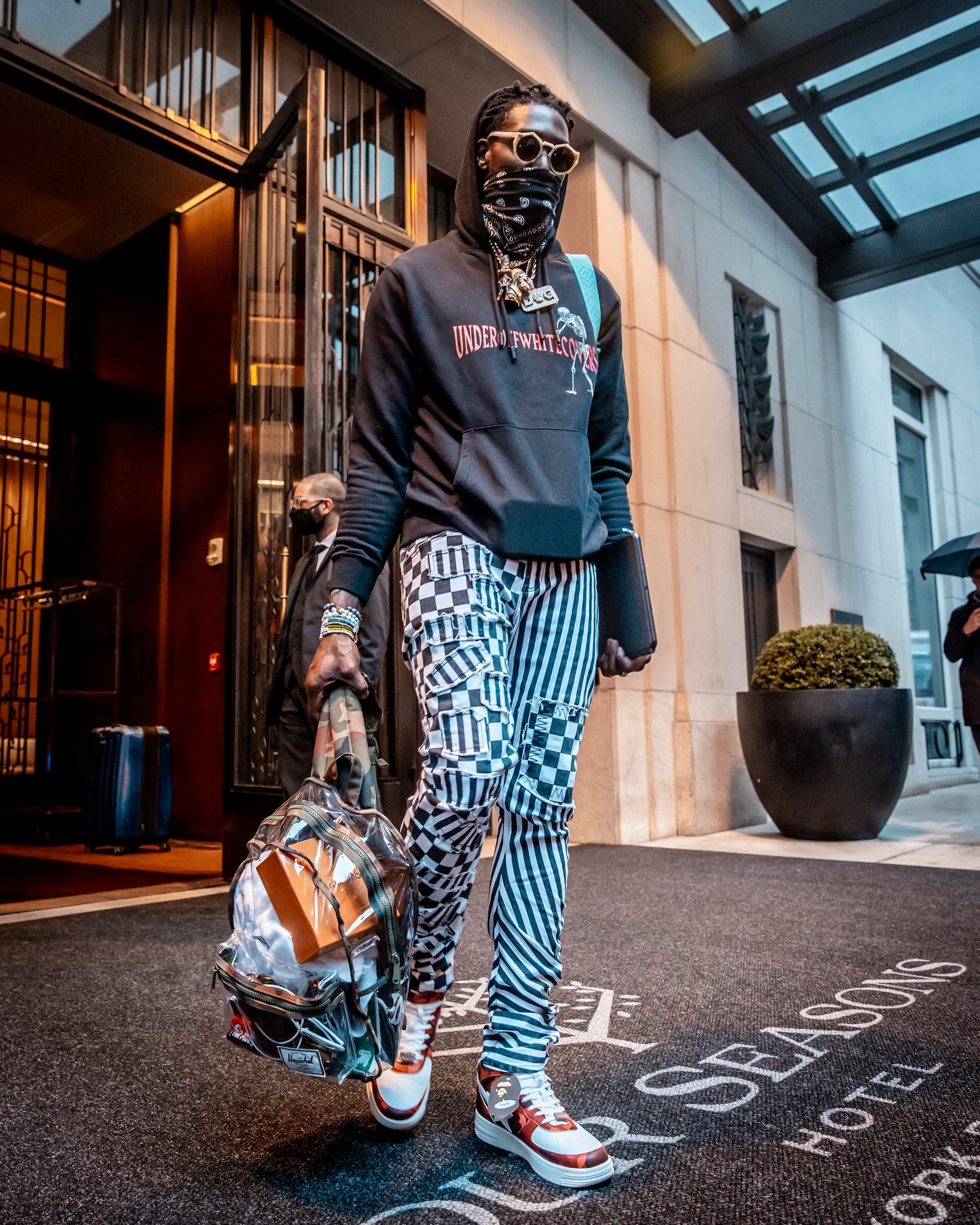 Montrezl Harrell in checkered Dallas stacked jeans