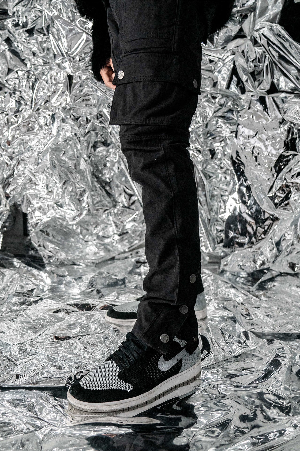 Side view showing canvas texture of Canvas Cargo Snap Pants