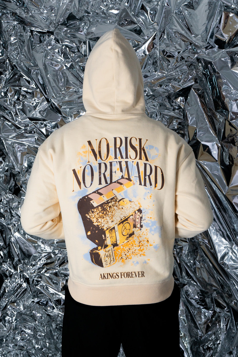hoodie on, back detail