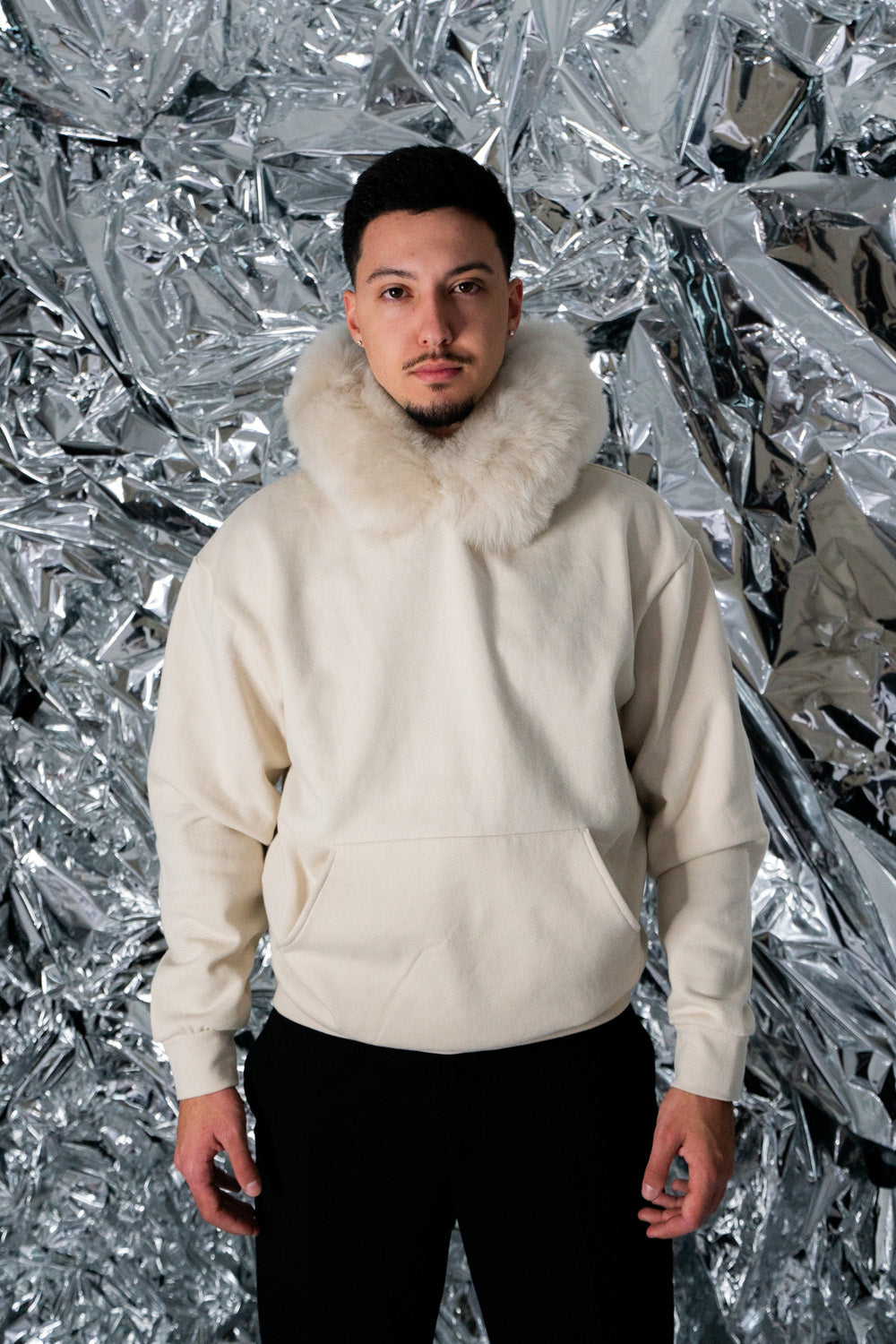GENUINE MERINO FUR HOODIE model wearing size large
