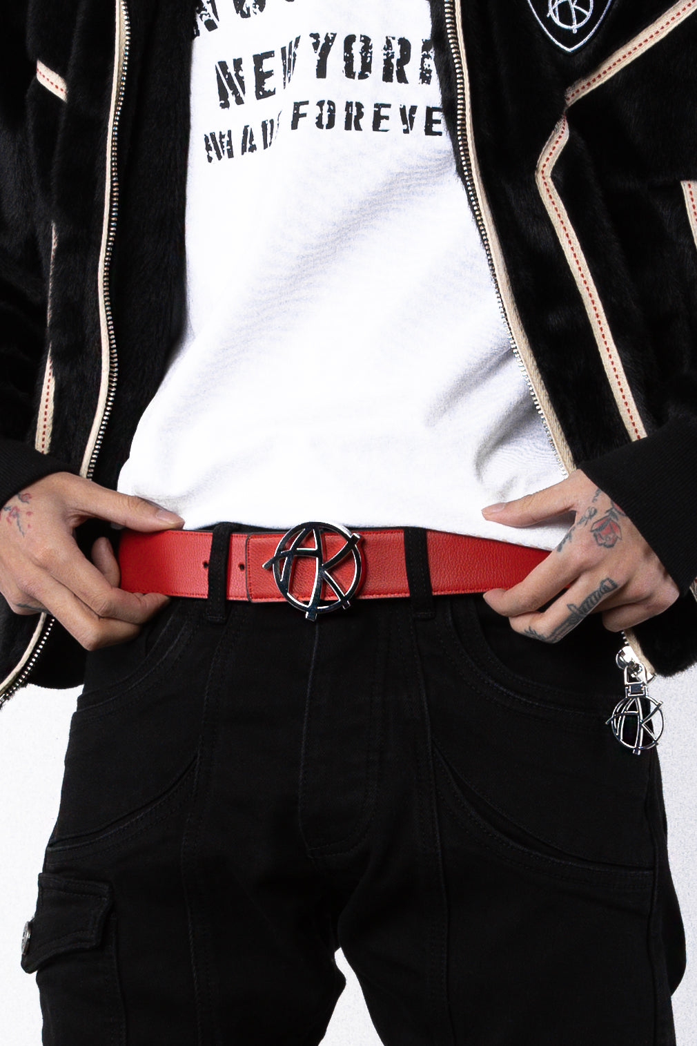 close up shot of ANARCHY LOGO BELT - AKINGS in red