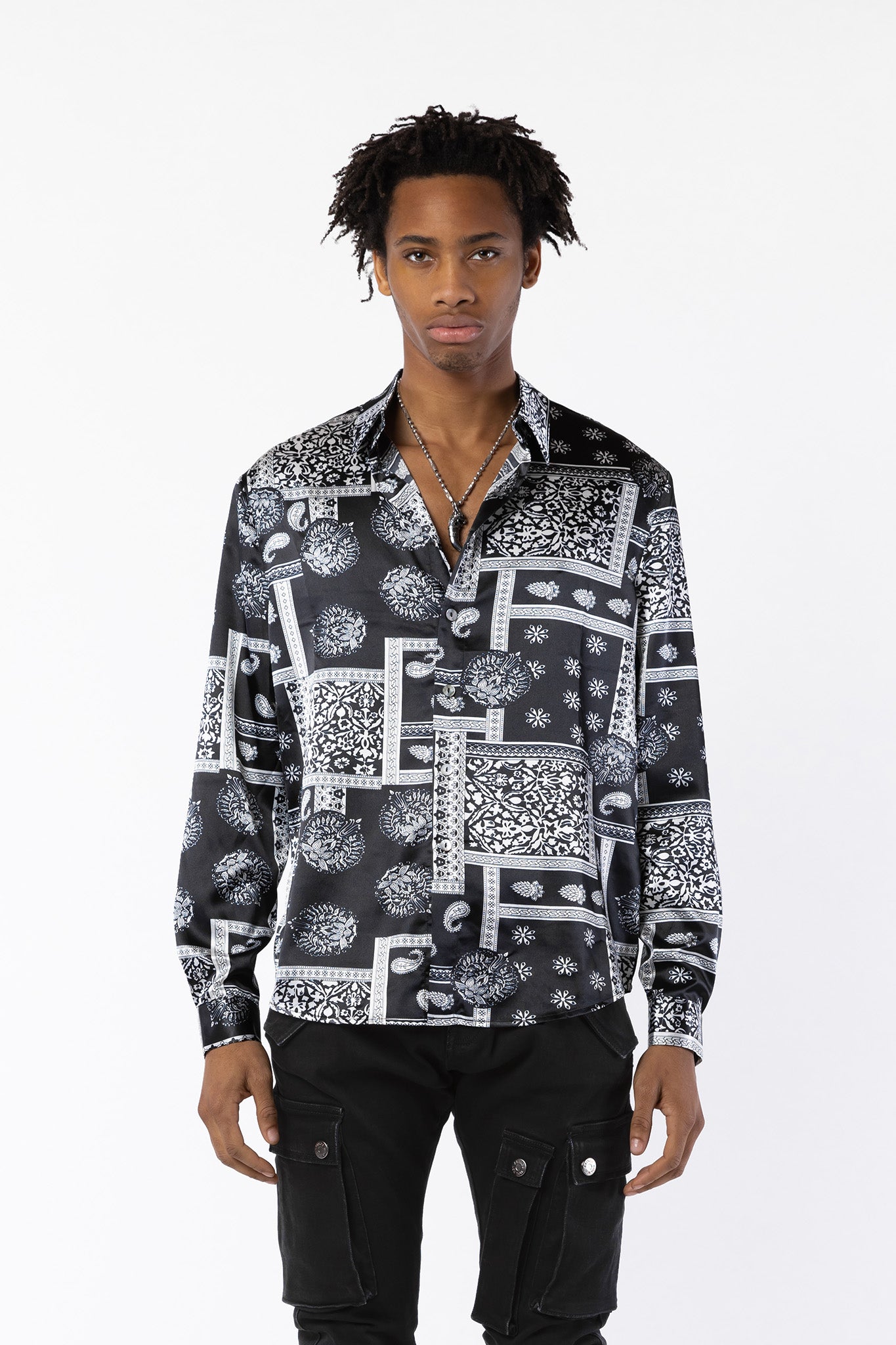 Front view showing graphics, BANDANA SATIN SHIRT