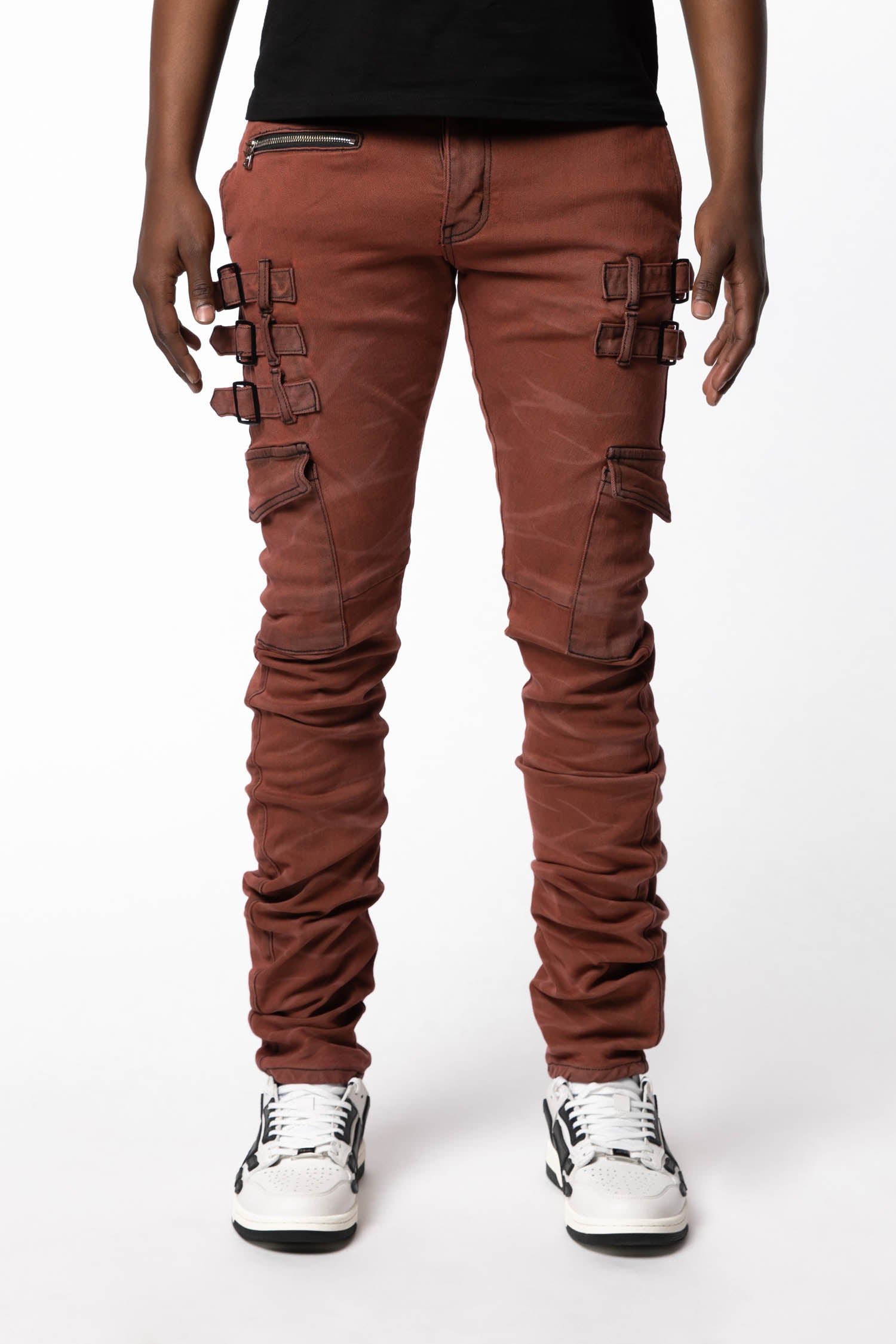 Front view of AKINGS Omari Crimson stacked jeans, crimson red denim