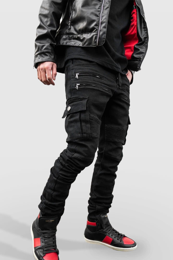 Side view showing stacked folds and biker style seams