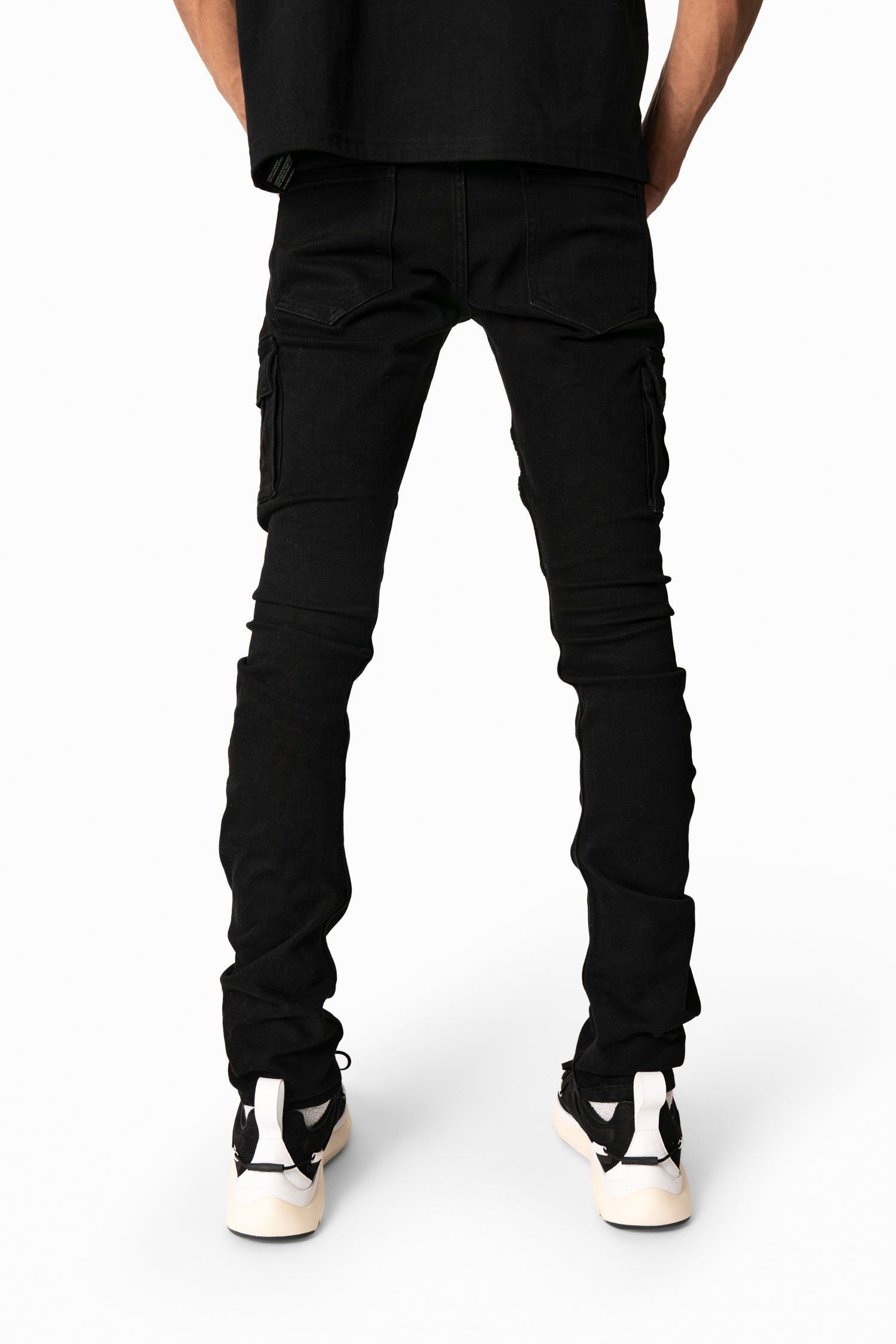 back view, black denim