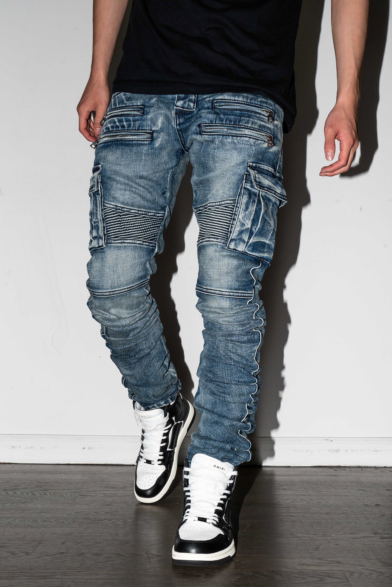 Detail of knee seam on Biker Stacked Jeans