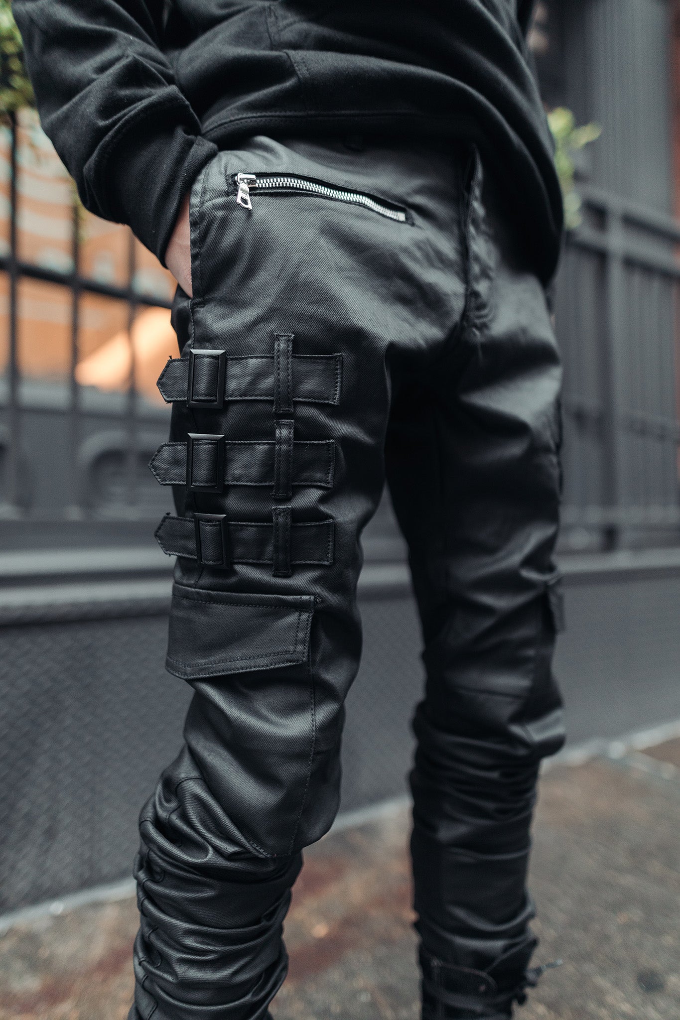 Close-up of waxed texture on Omari Jeans
