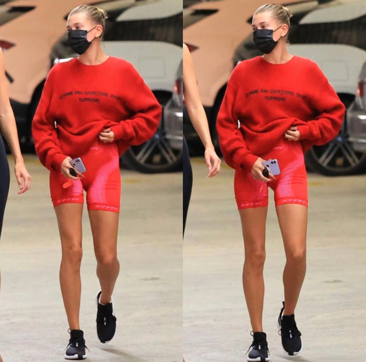 hailey bieber in black face mask