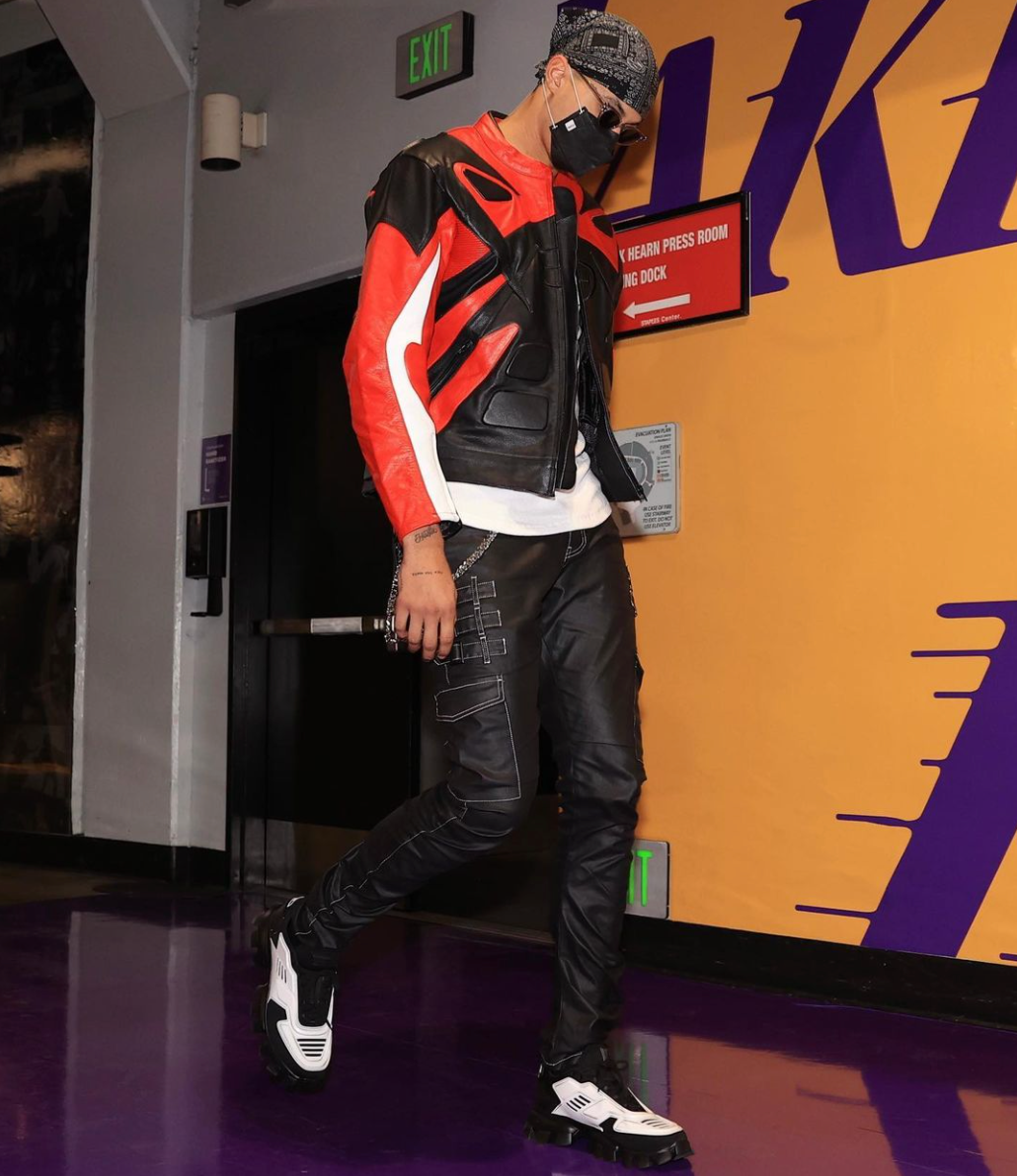 Kyle Kuzma wearing the Omari White Stitch Jean - biker inspired fashion