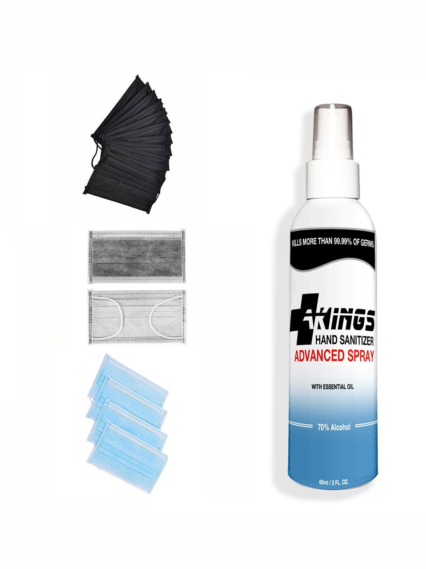 Disposable face masks in black, grey, and blue and AKINGS hand sanitizer bottle