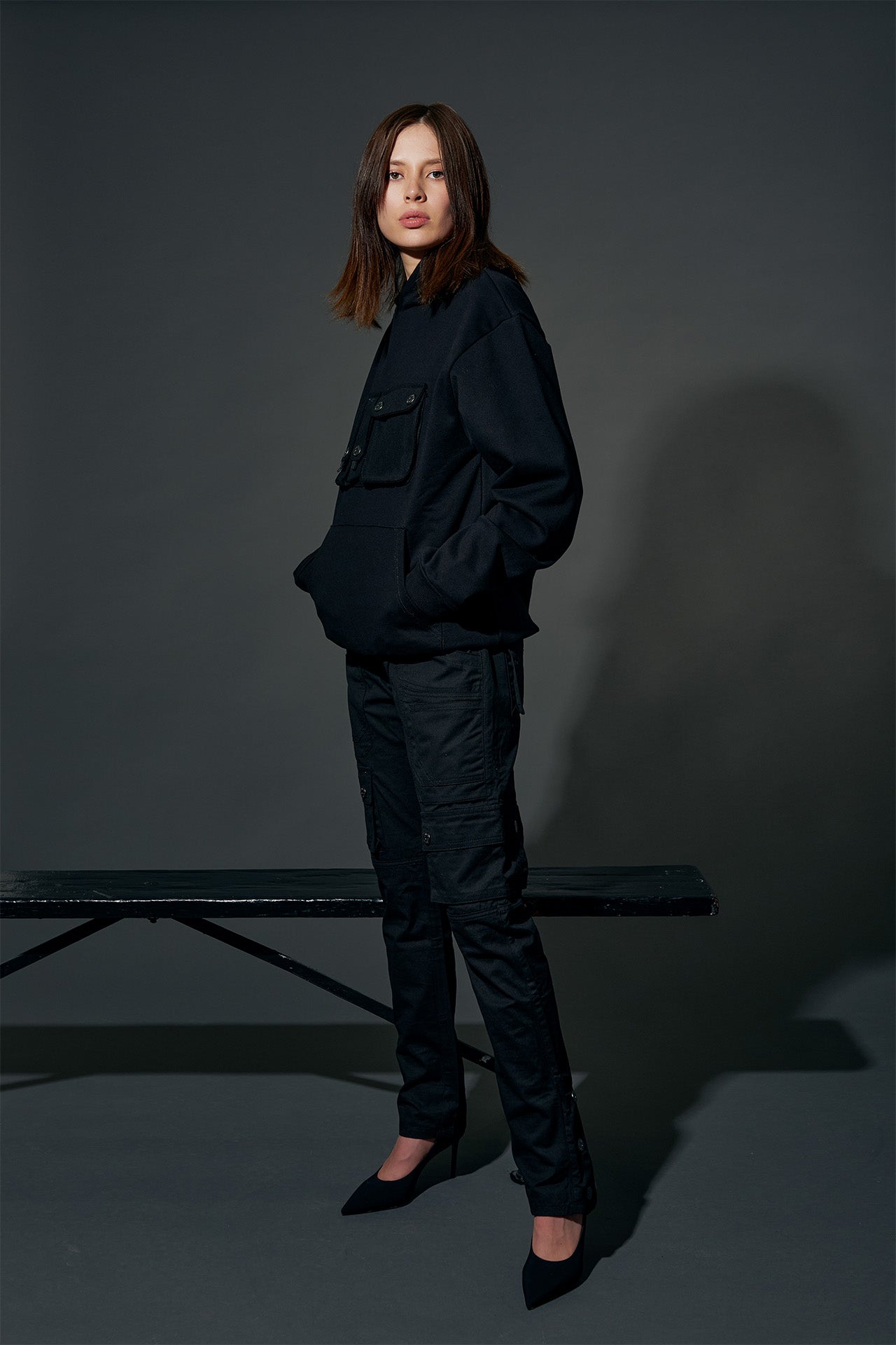 MODEL WEARING SIZE 32, Side view showing POCKETS of Canvas Cargo Snap Pants
