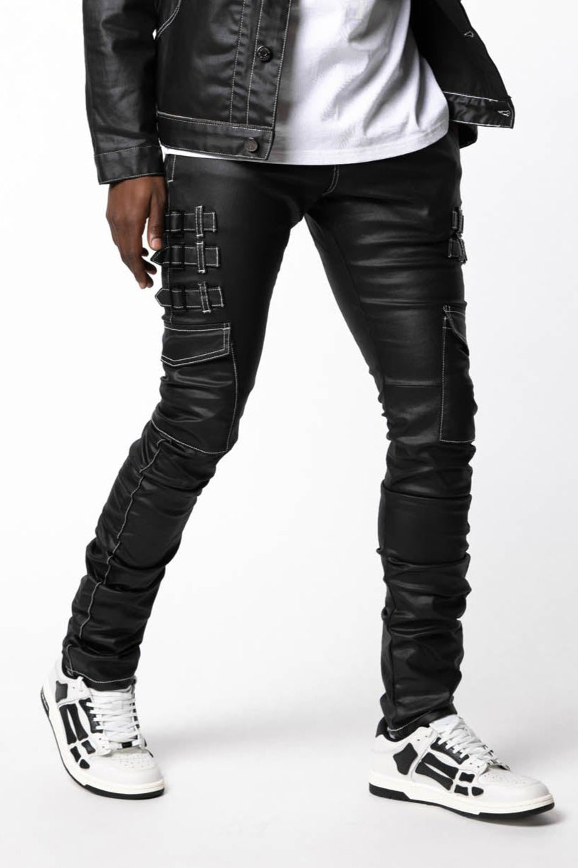 Front view of AKINGS Omari Jeans with white stitching contrast, dark denim
