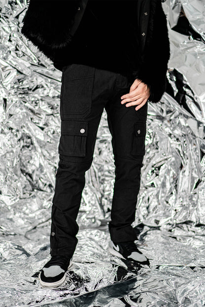 Front view of AKINGS Canvas Cargo Snap Pants with snap tanks