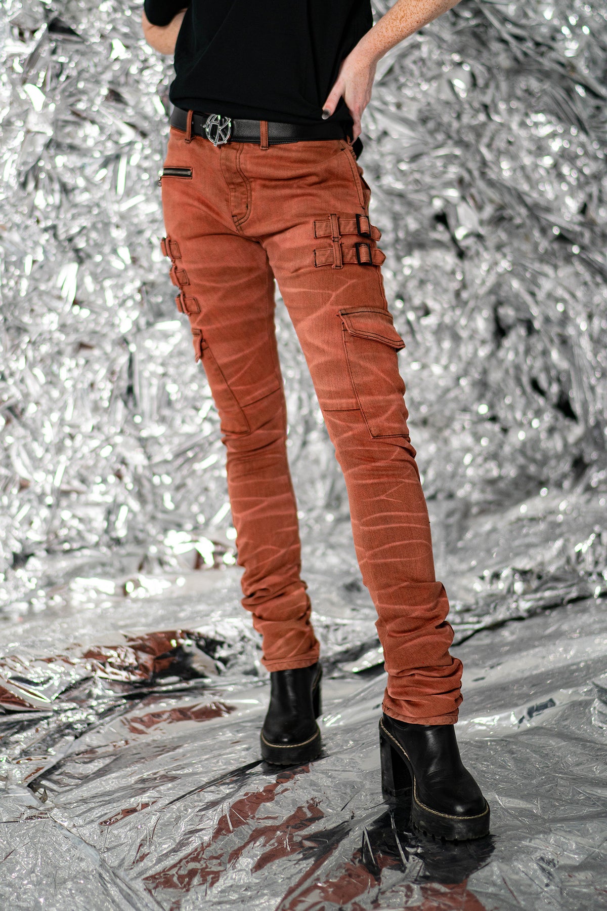 close-up view showing the details of the jeans