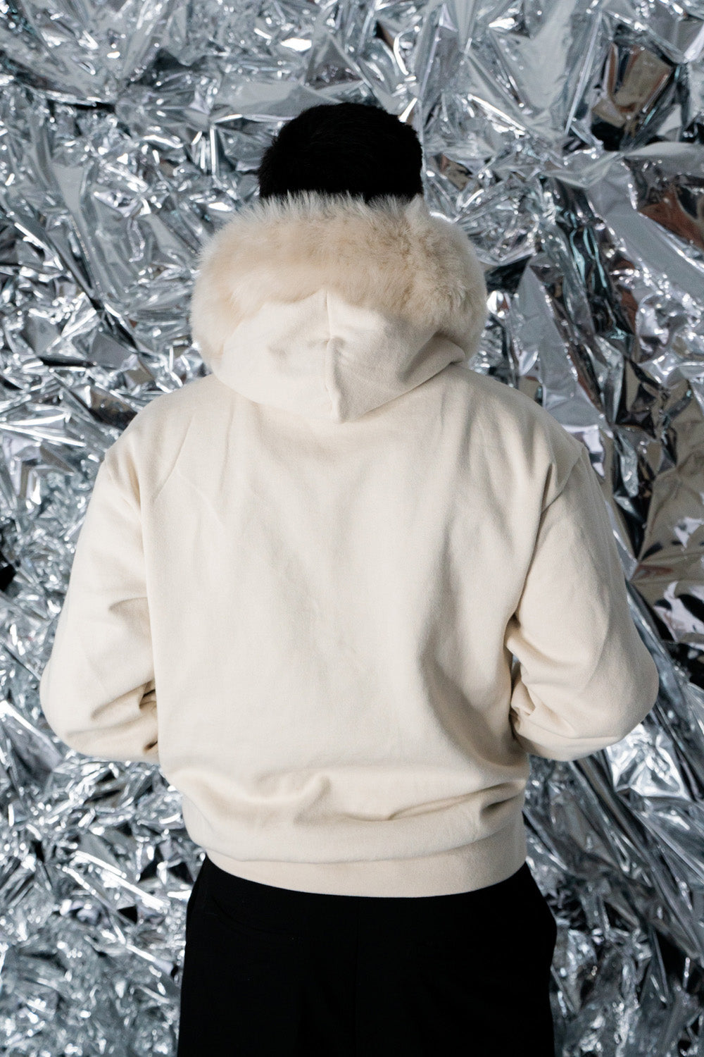 GENUINE MERINO FUR HOODIE back view with fur details