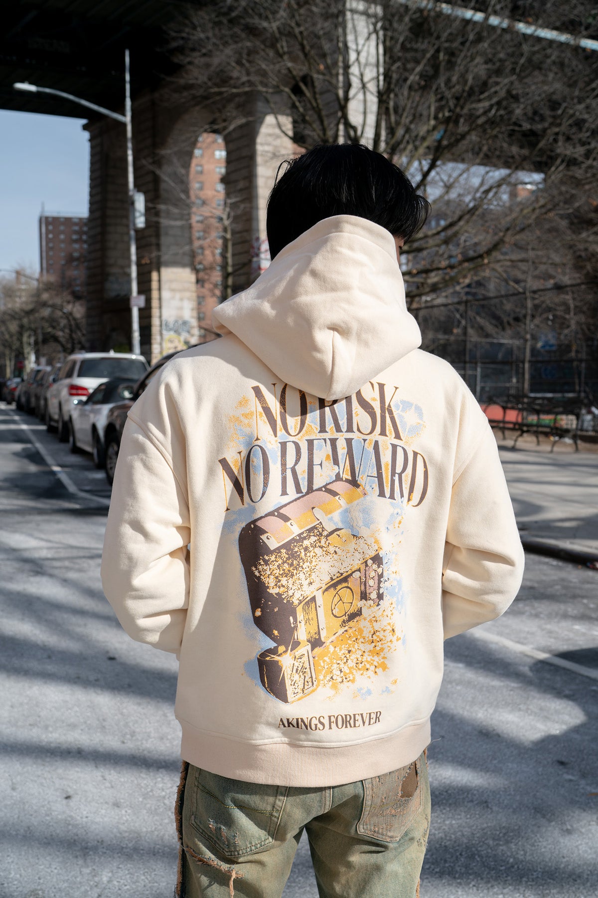 NO RISK NO REWARD HOODIE model wearing large