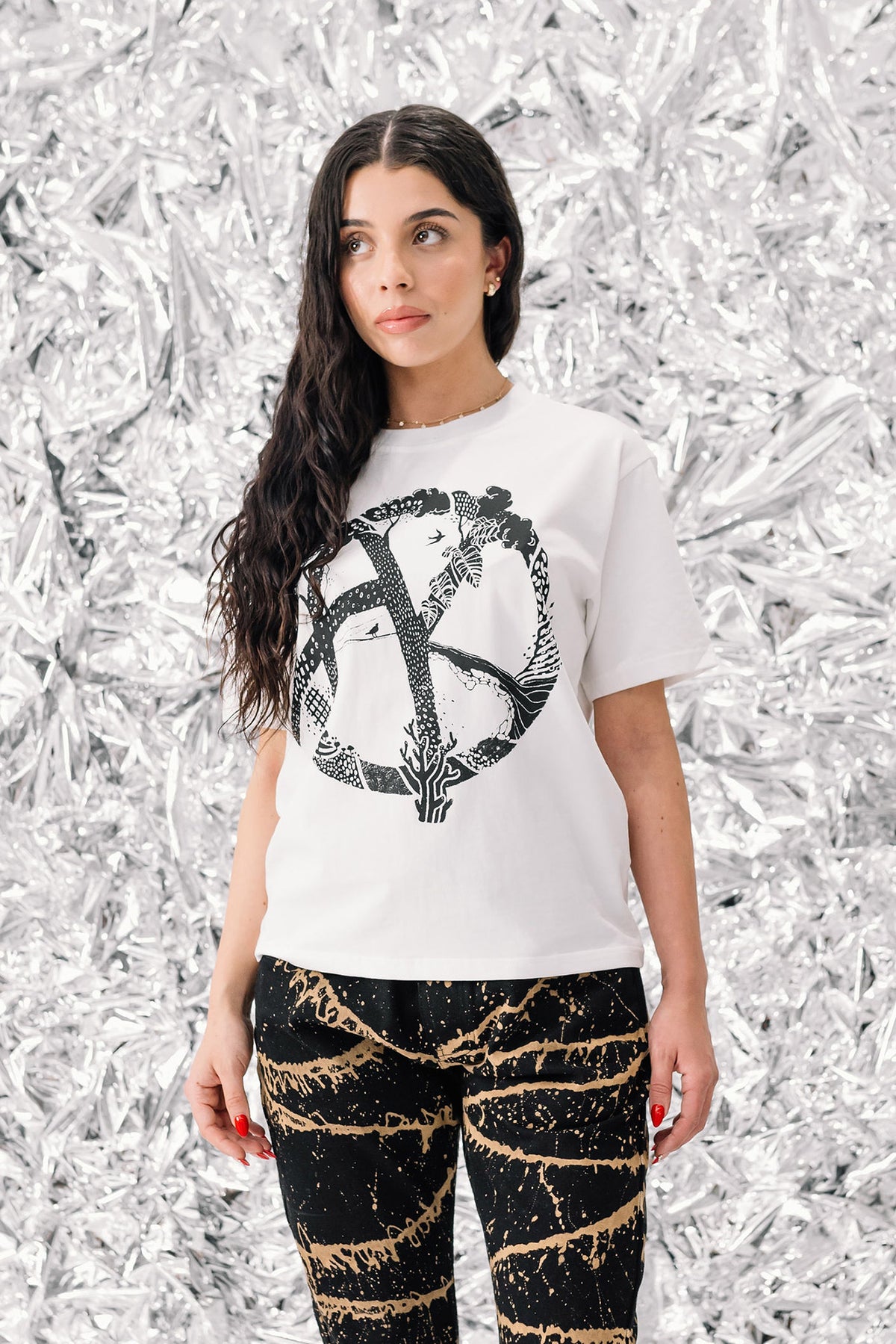 model wearing size small of Akings Tree of Life T-shirt