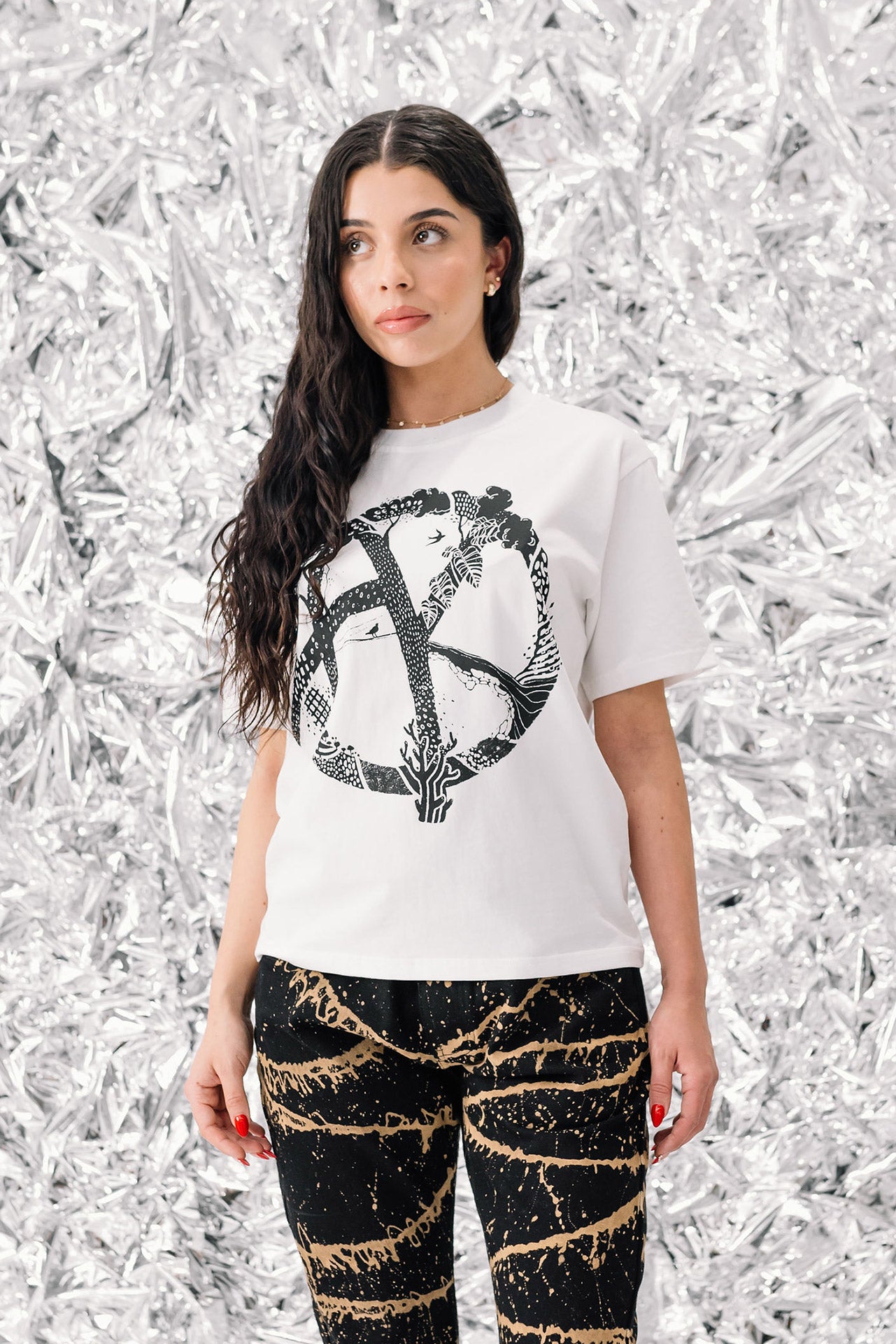 model wearing size small of Akings Tree of Life T-shirt