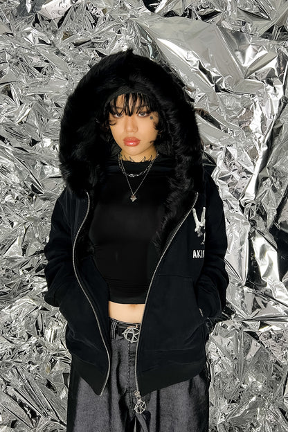 GENUINE MERINO FUR PEACE ZIP HOODIE in black fur