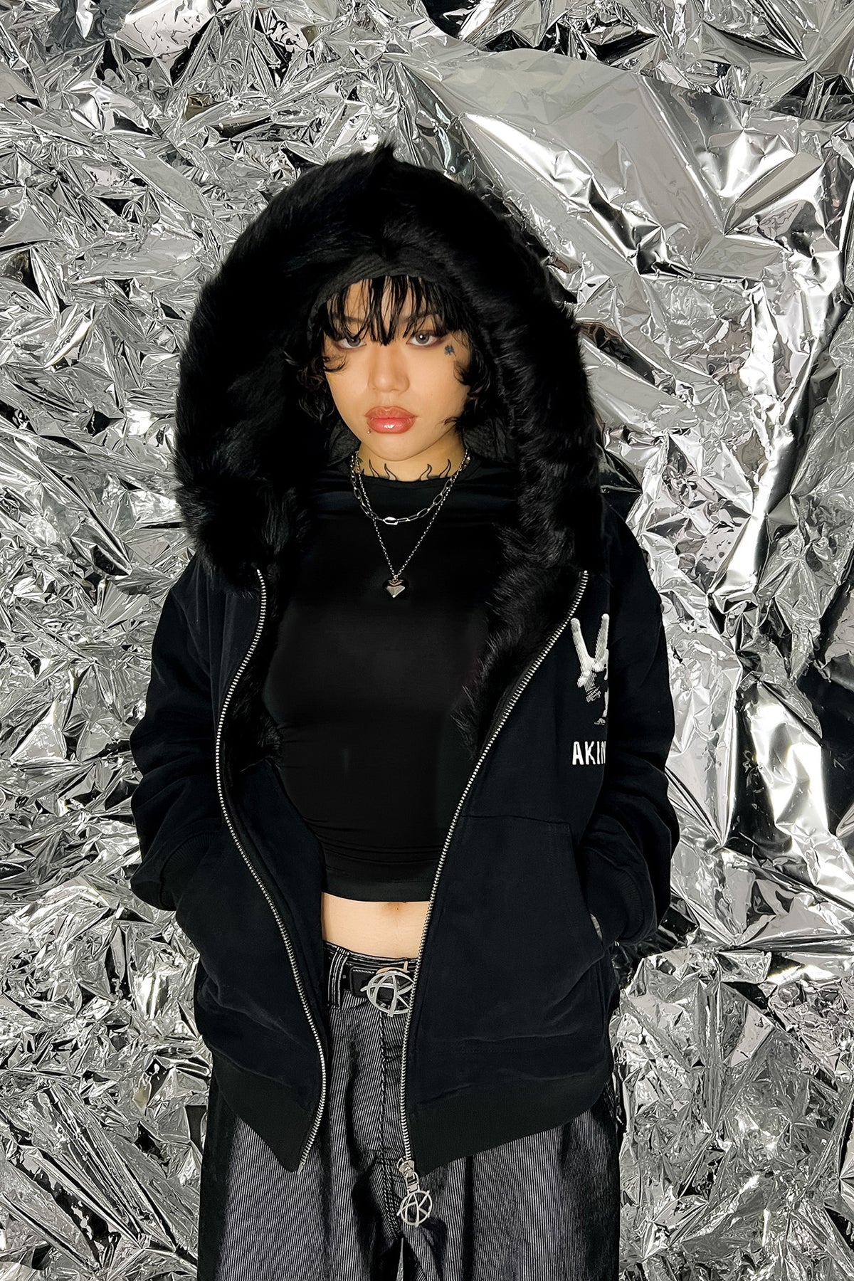 GENUINE MERINO FUR PEACE ZIP HOODIE in black fur