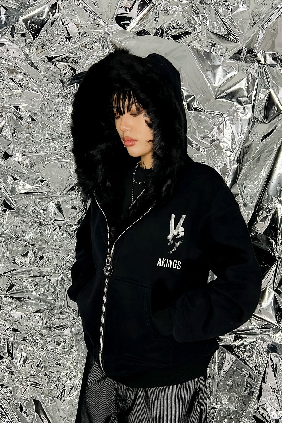 GENUINE MERINO FUR PEACE ZIP HOODIE side view black fur