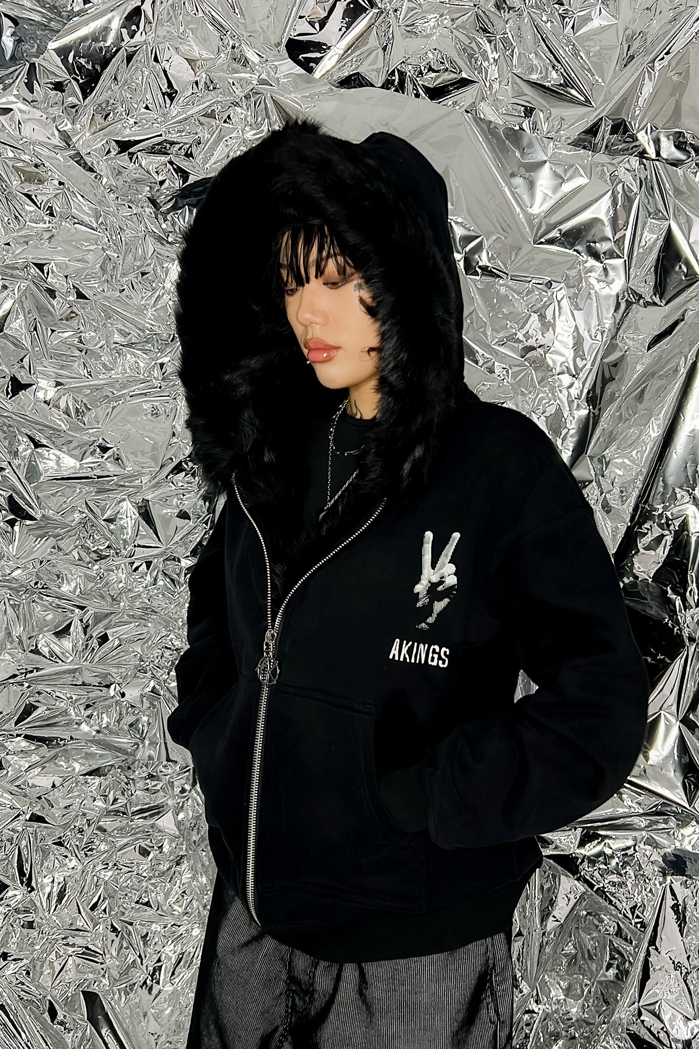 GENUINE MERINO FUR PEACE ZIP HOODIE side view black fur