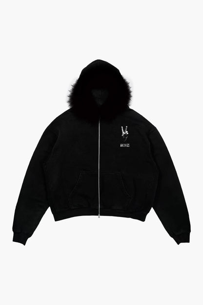 GENUINE MERINO FUR PEACE ZIP HOODIE flat lay of black fur