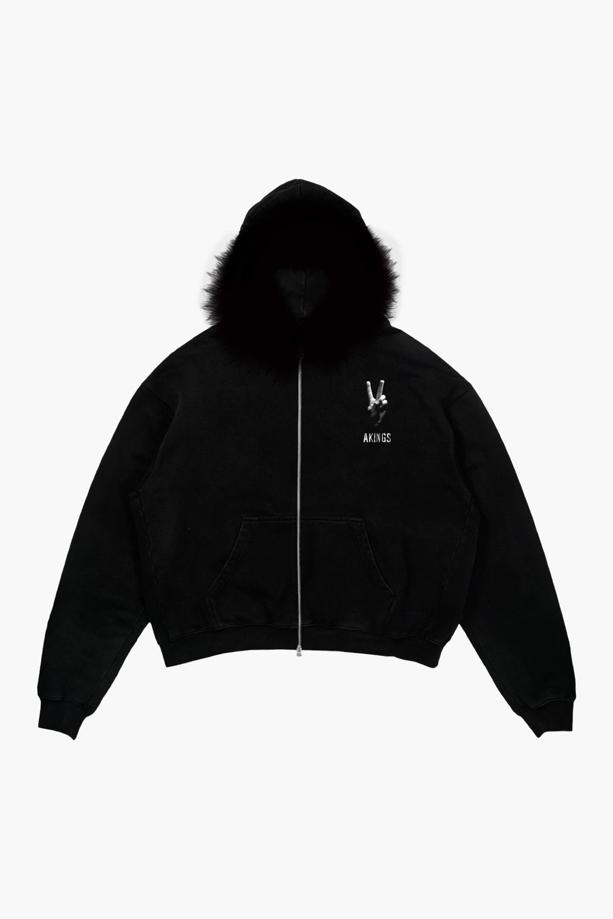 GENUINE MERINO FUR PEACE ZIP HOODIE flat lay of black fur