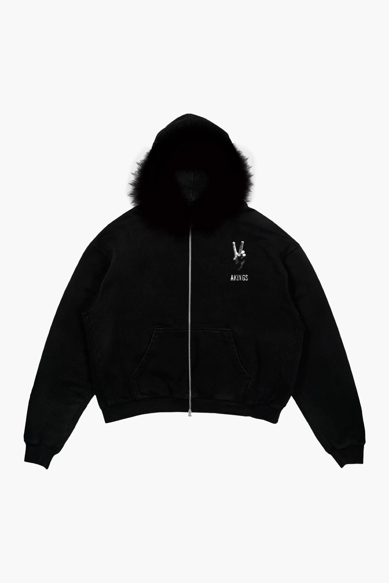 GENUINE MERINO FUR PEACE ZIP HOODIE flat lay of black fur