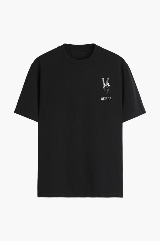 Front view of AKINGS Peace T-shirt in light cotton with glow-in-the-dark ‘Peace’ graphic
