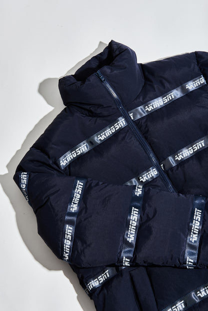 AKINGS Logo Puffer Jacket in navy, front view with full zip