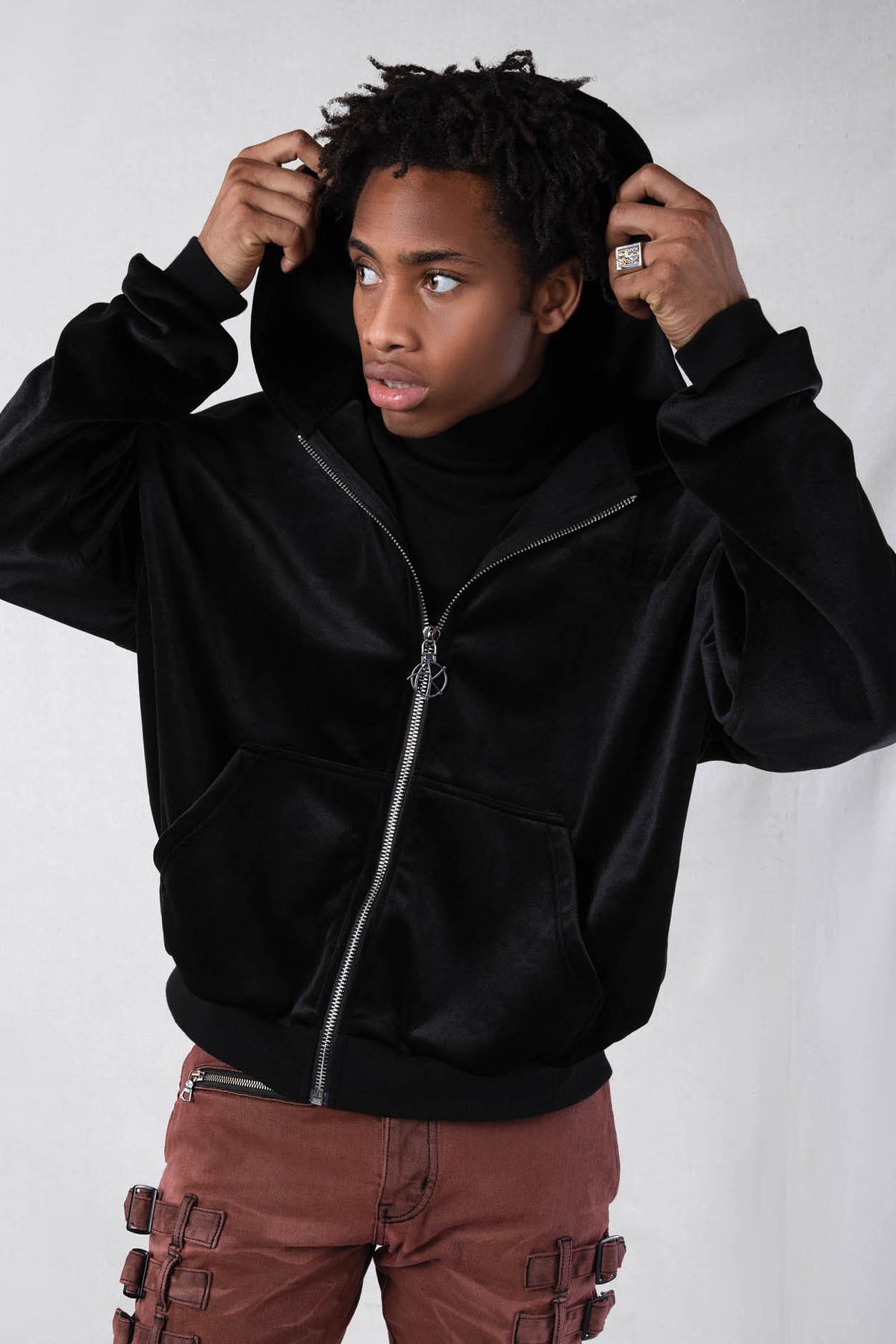 Front view of AKINGS Velour Zip Hoodie, black velour fabric, half-full zip, hood