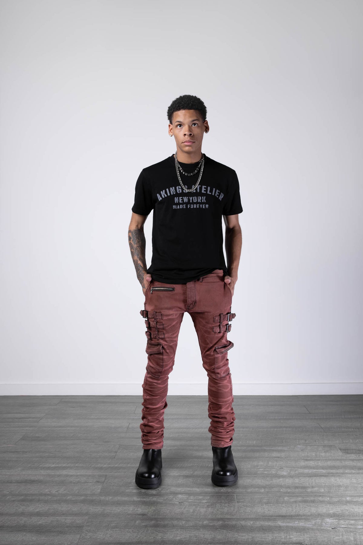 front view of Atelier T-shirt showing fit on model