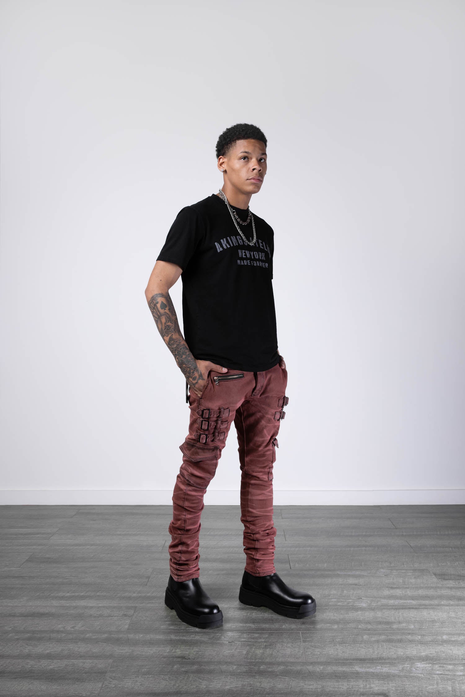 side view of Atelier T-shirt showing fit on model