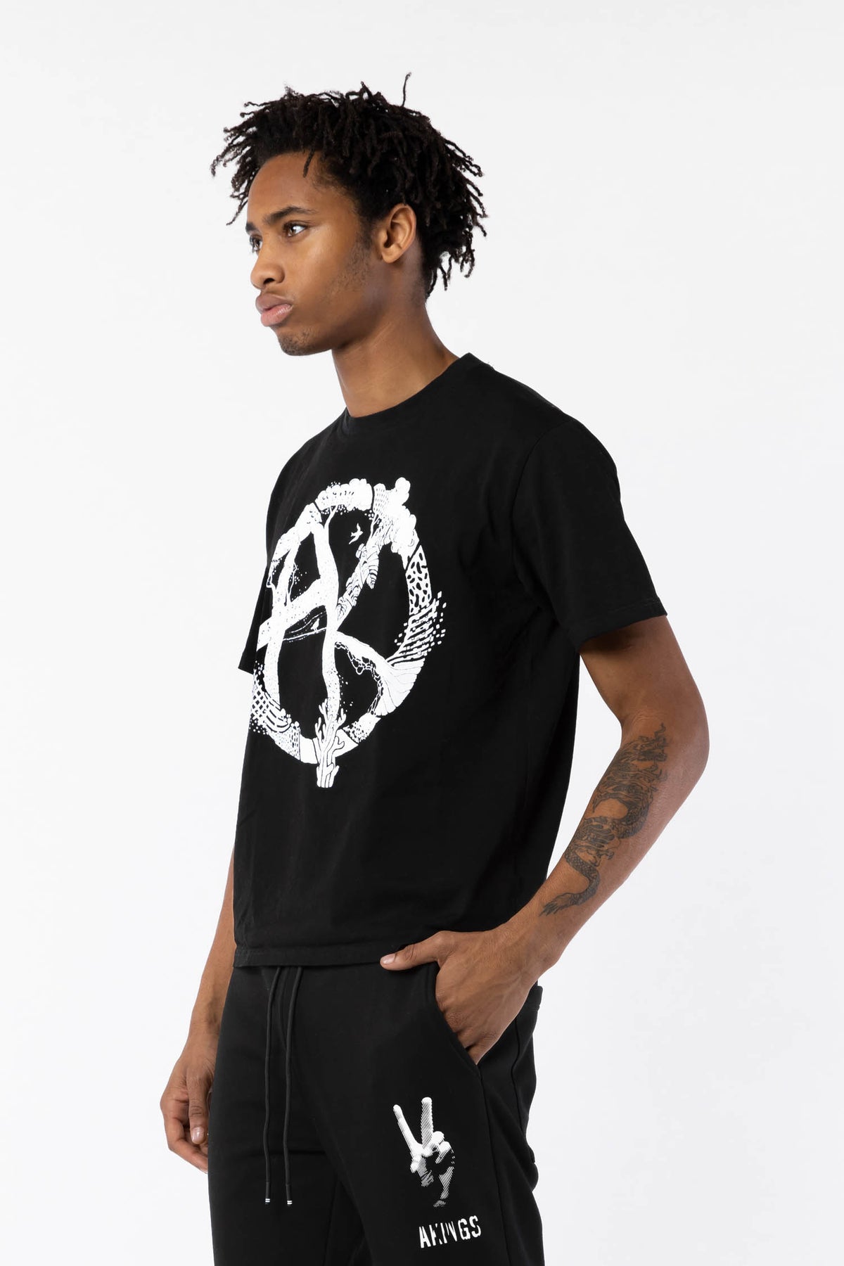 side view of tree of life t-shirt showing seam detail