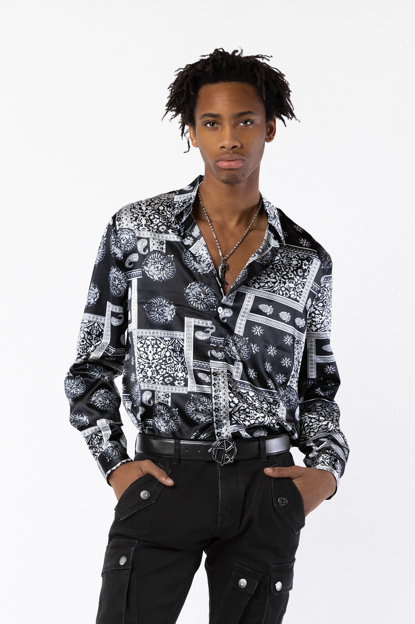 model wearing size medium, BANDANA SATIN SHIRT - AKINGS