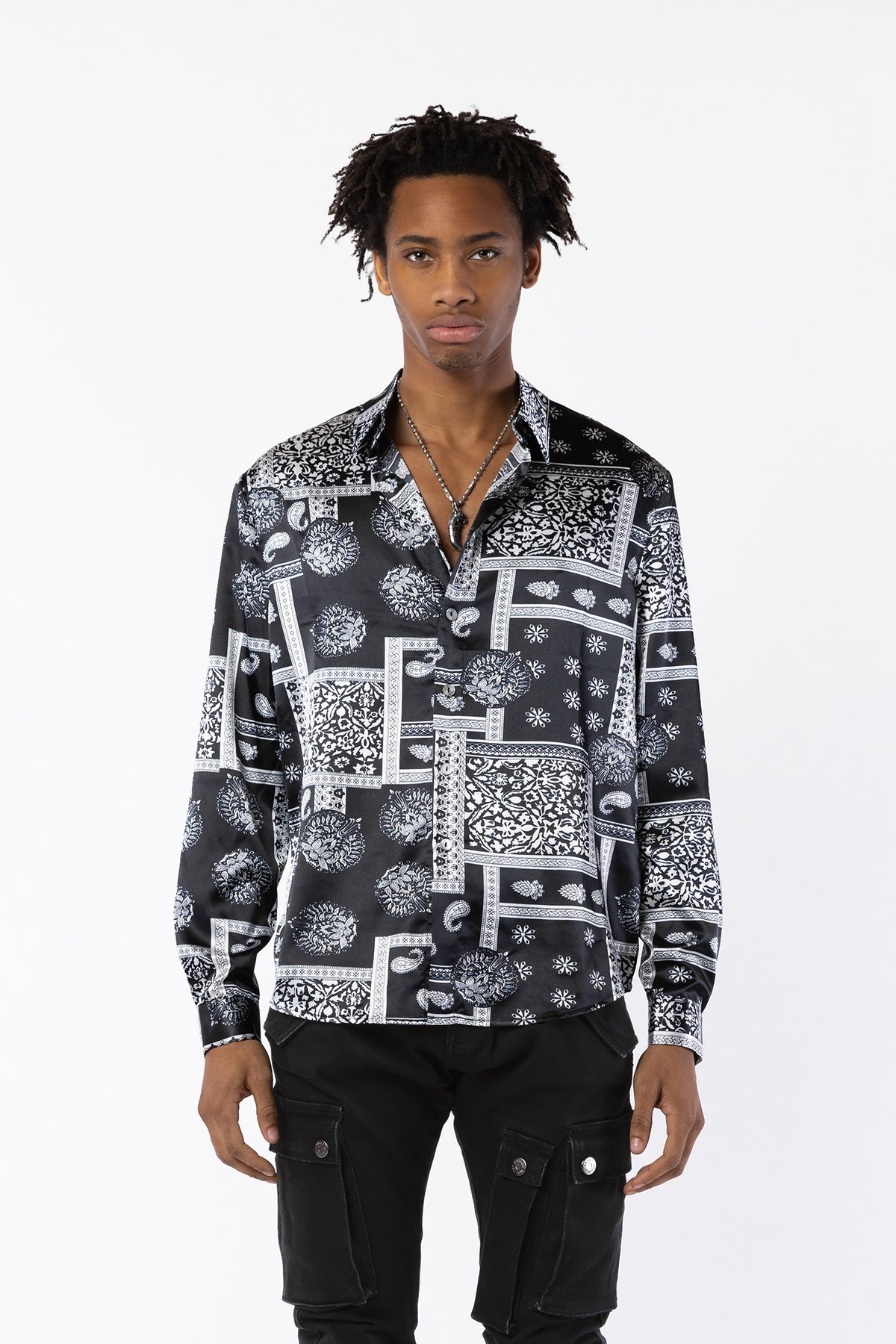 Front view showing graphics, BANDANA SATIN SHIRT