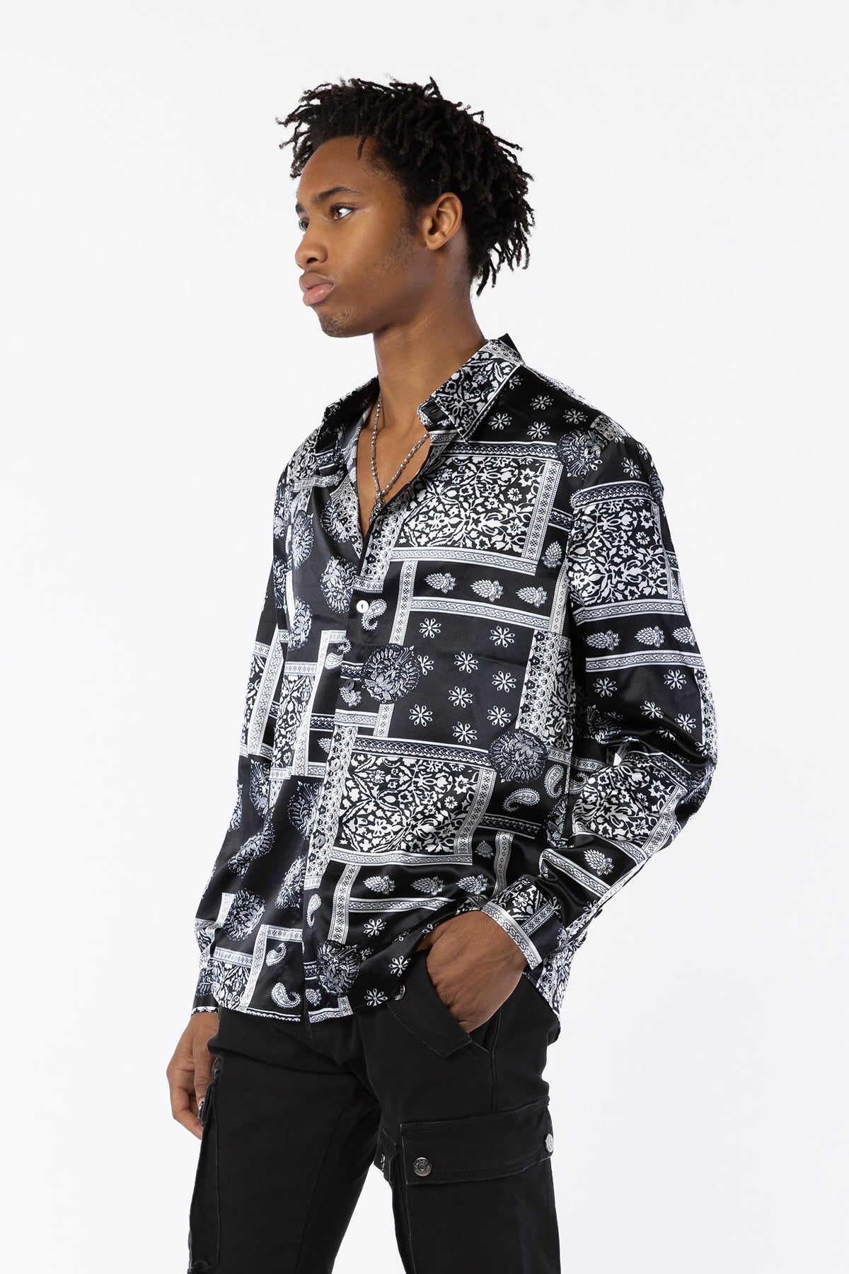 side view, showing inseam and print of BANDANA SATIN SHIRT - AKINGS 
