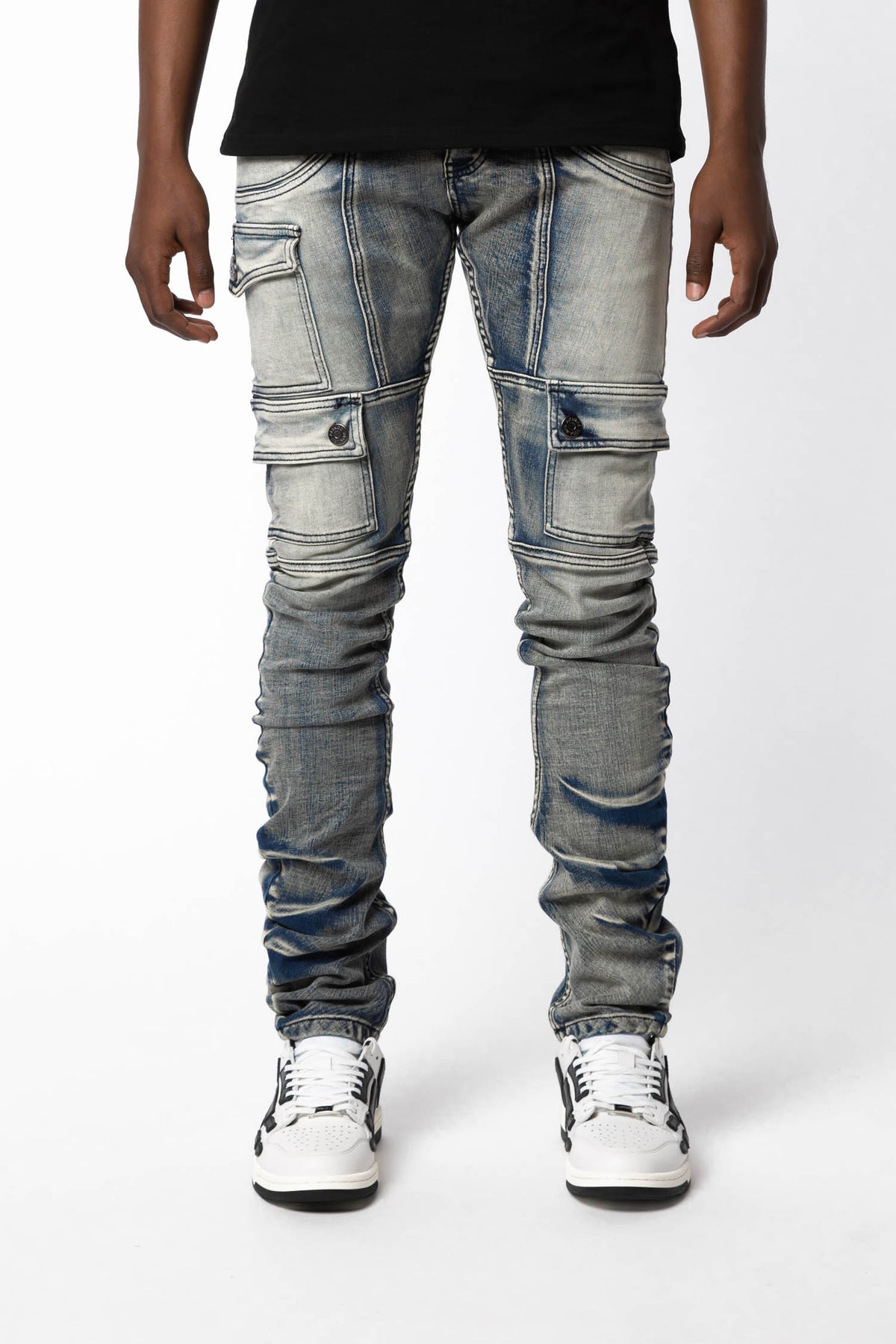 Kyle Blue Stacked Jeans, front view, blue wash denim