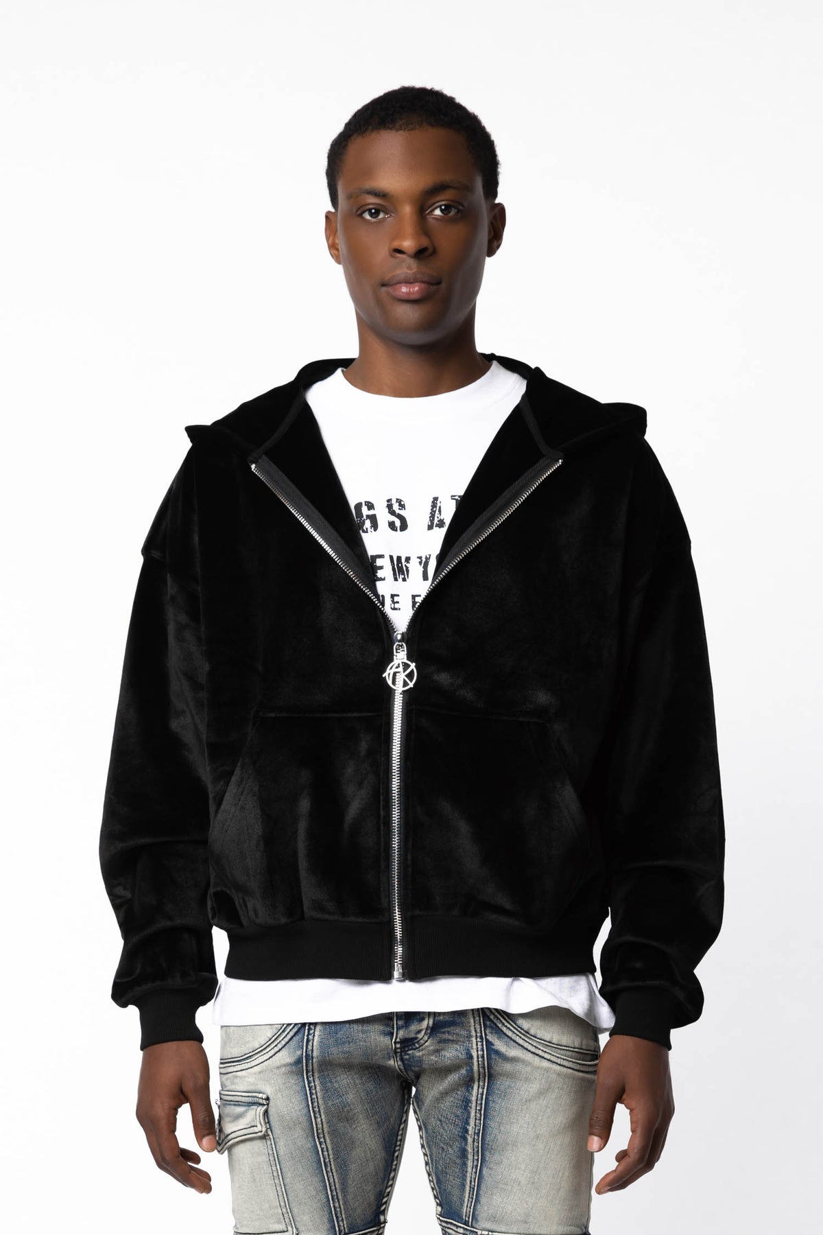 Front view of Velour Zip Hoodie,
