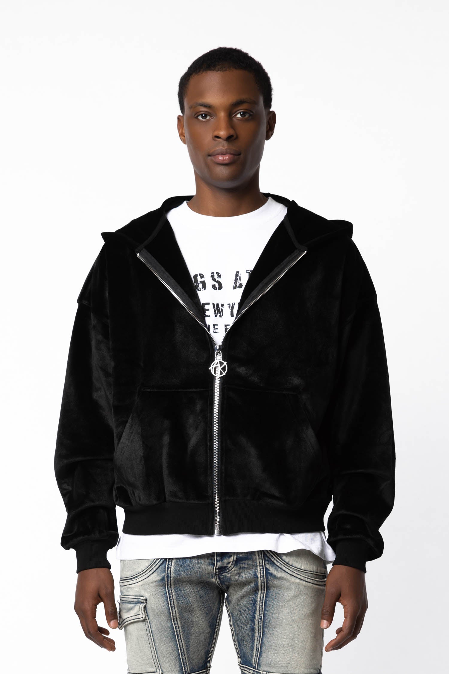 Front view of Velour Zip Hoodie,
