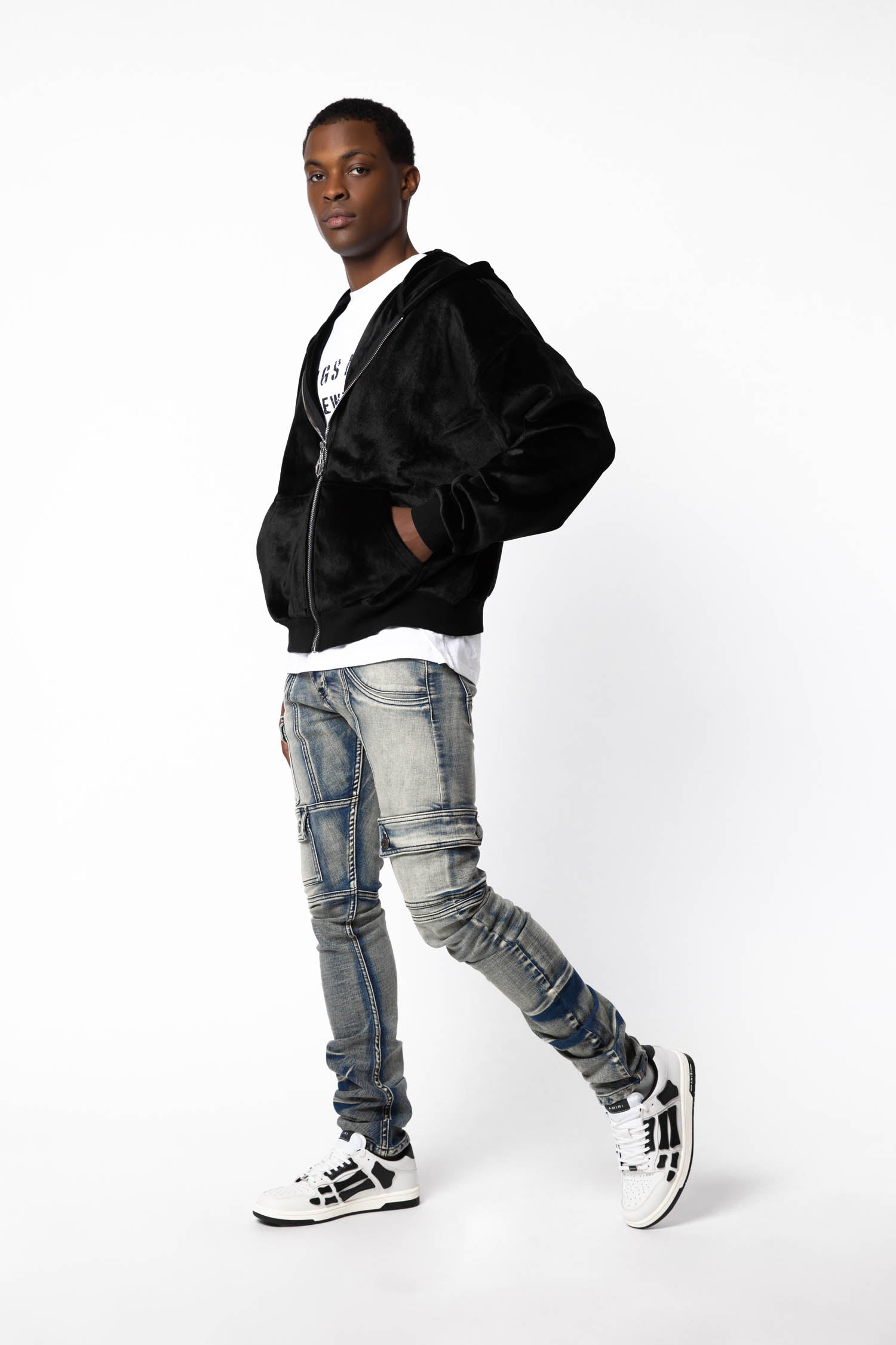 Side view of velour zip hoodie