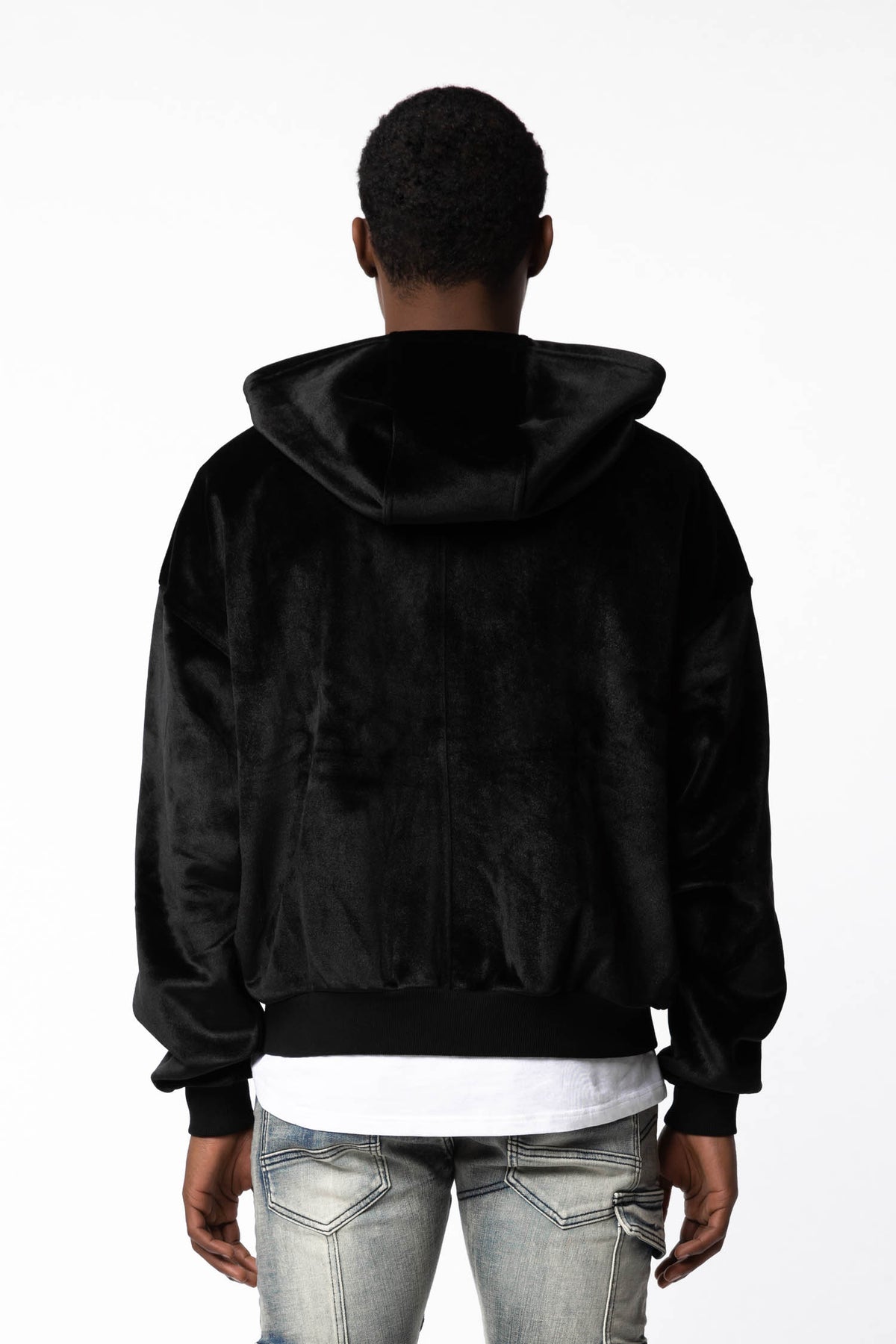 BACK VIEW OF VELOUR ZIP HOODIE, HOOD DOWN