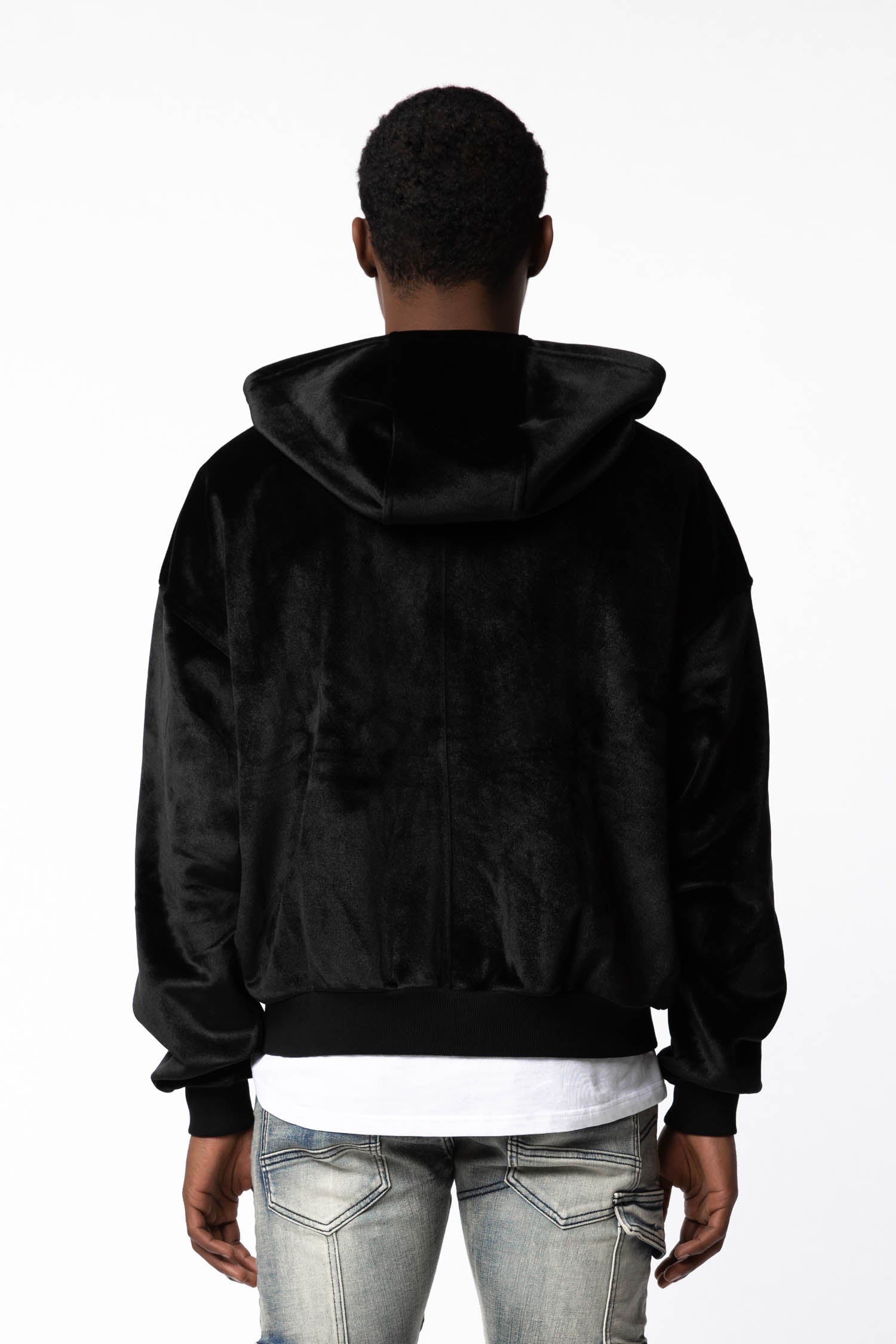 BACK VIEW OF VELOUR ZIP HOODIE, HOOD DOWN