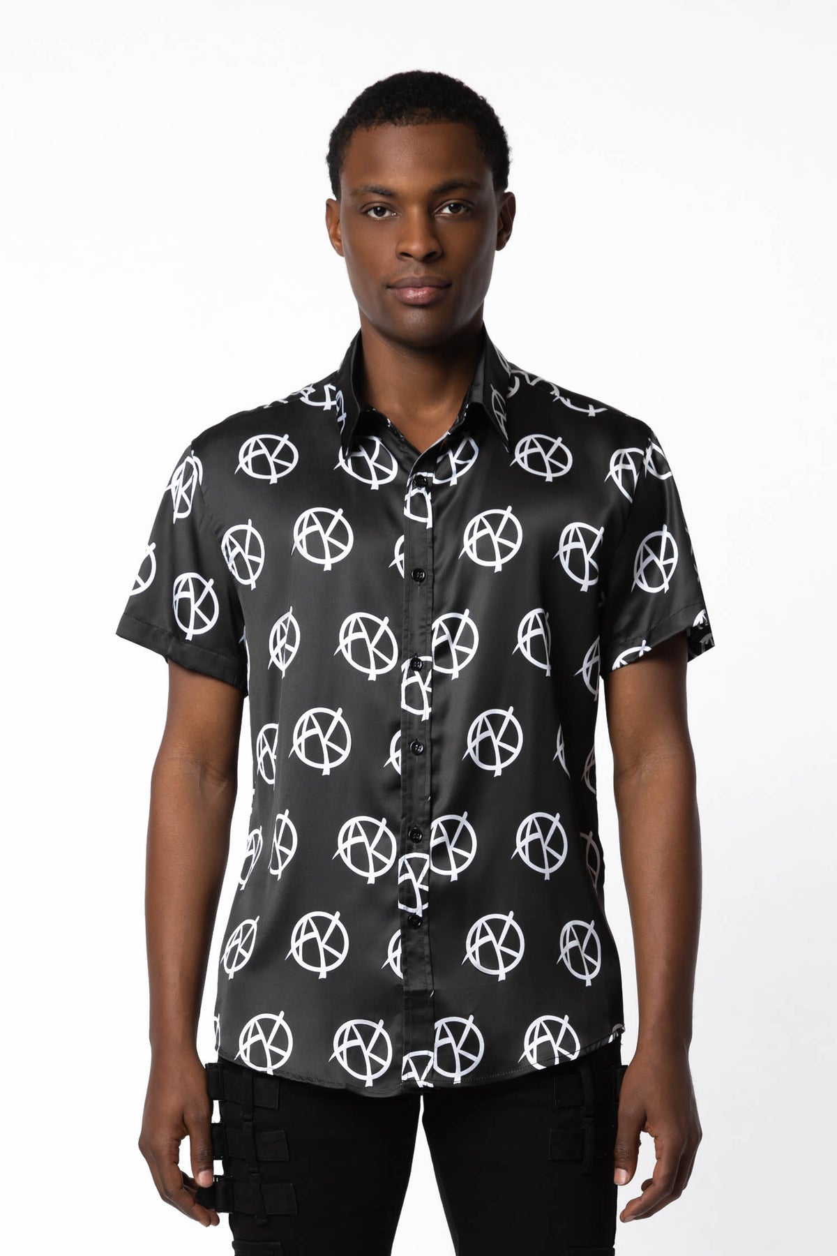 Black satin material with white Anarchy motif - ANARCHY SATIN SHIRT - AKINGS