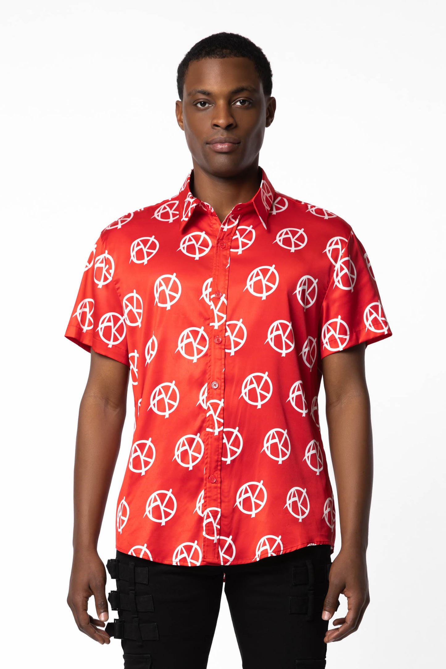 Red satin material with white Anarchy motif