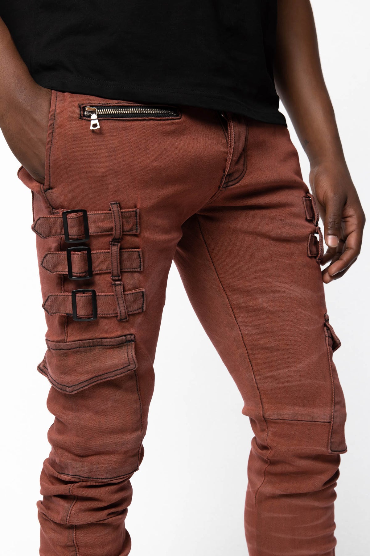 close-up of omari crimson showing denim and detail