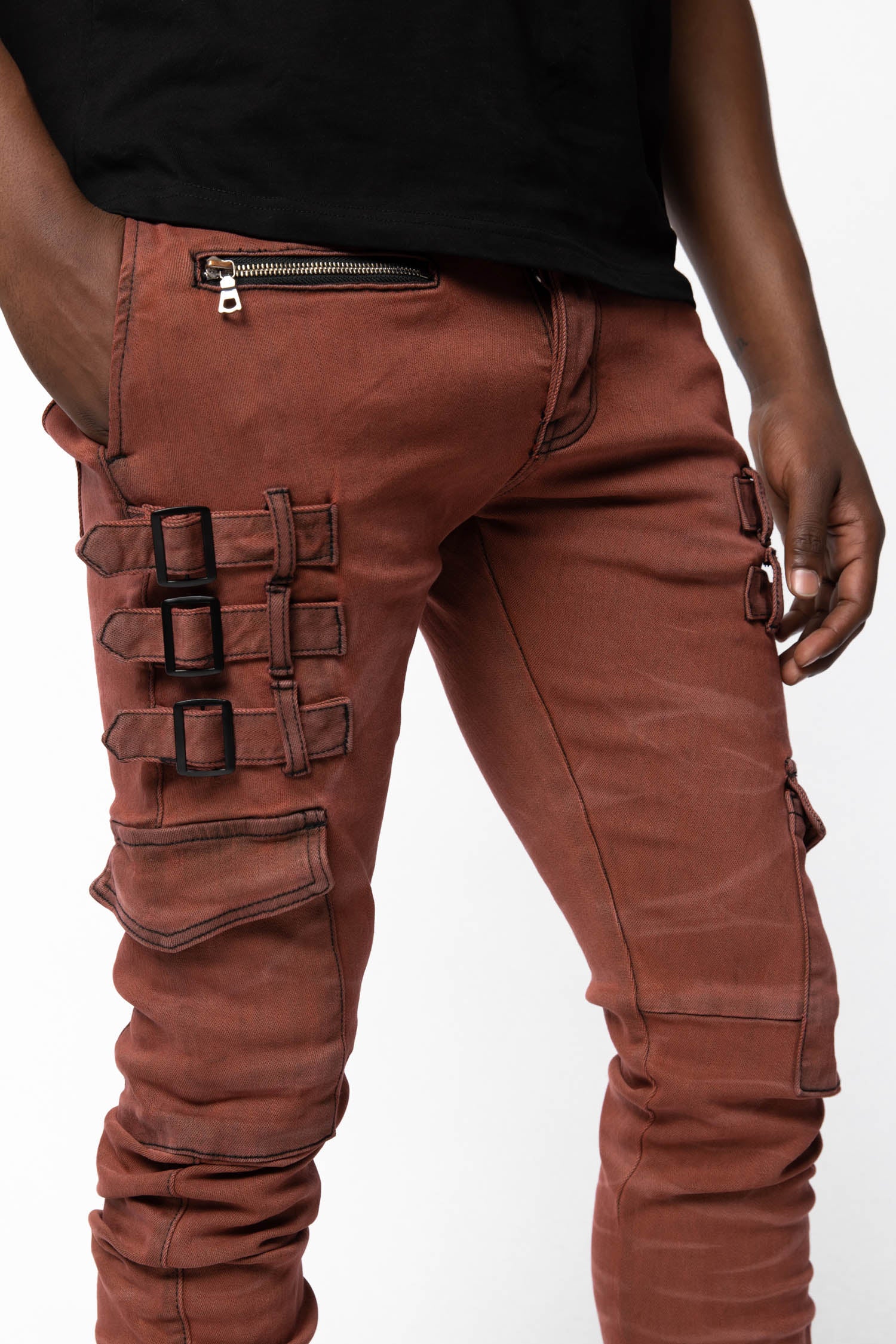close-up of omari crimson showing denim and detail